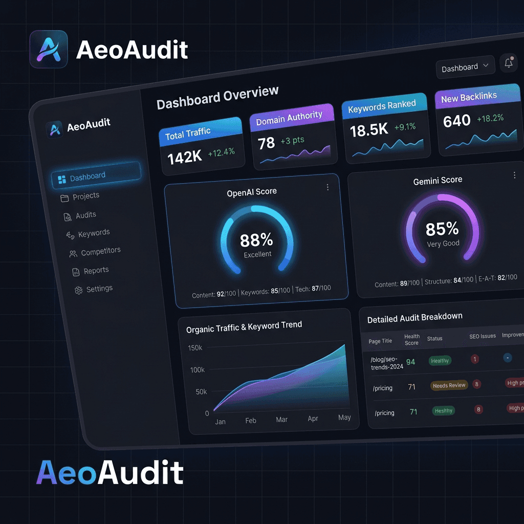 AeoAudit AEO and GEO Performance Dashboard Mockup